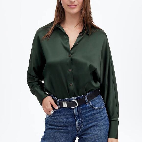 Madewell Relaxed Dolman Top Button-Up Shirt Satin Luxury Forest Green NWT Medium - Picture 1 of 9